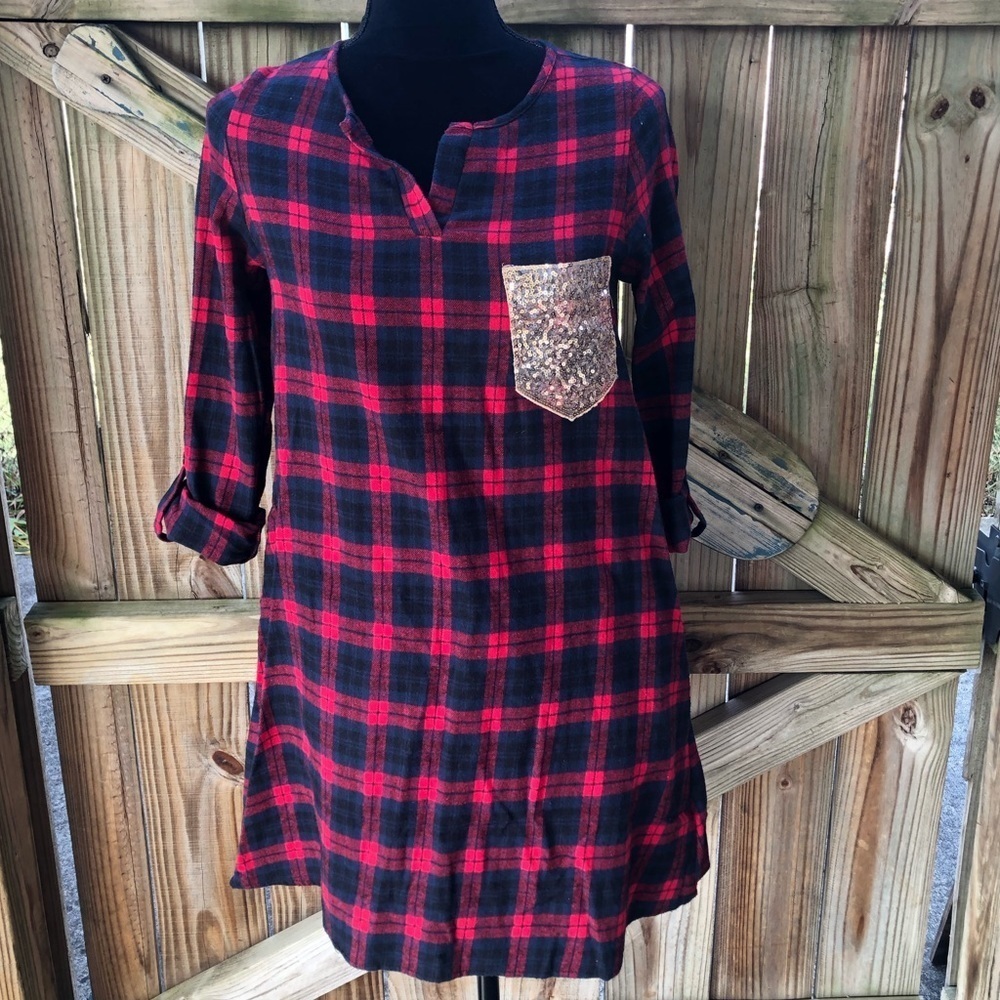 Pomelo Red & Black Buffalo Plaid Flannel Long Sleeve Roll Tab Shirt Size M